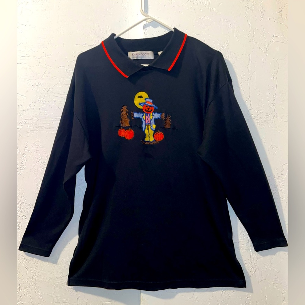Karen Scott Vintage 90’s Halloween Pumpkin Scarecrow Black Polo